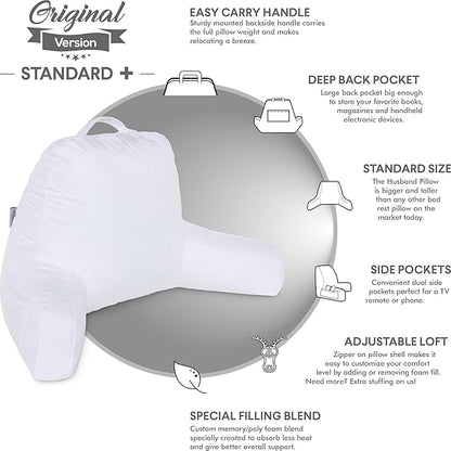Husband Pillow White, Original Reading Pillow in Bed Rest Chair, Shredded Memory Foam Large Lounge Cushion Adult Backrest with Arms, Comfy Back Support for Sit Sitting Up, Washable/Removable Cover