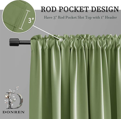 DONREN Sage Green Blackout Draperies Curtains for Bedroom - Thermal Insulated Solid Rod Pocket Curtain Panels (52 x 84 Inches,2 Panels)