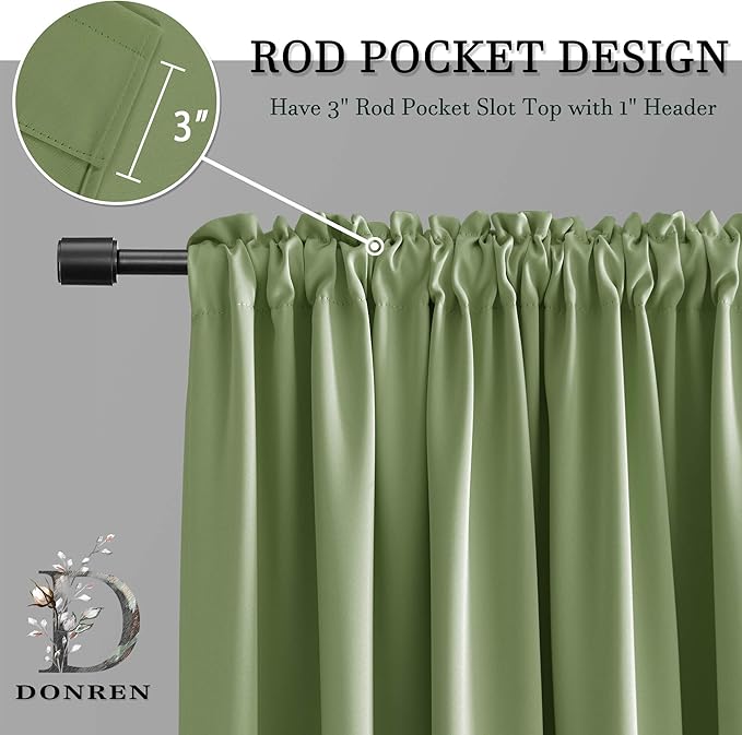 DONREN 2 Panels 60 Inches Wide Blackout Curtain Panels for Bedroom - Room Darkening Thermal Insulated Drapes with Rod Pocket (Sage Green,60 Width by 84 Inch)