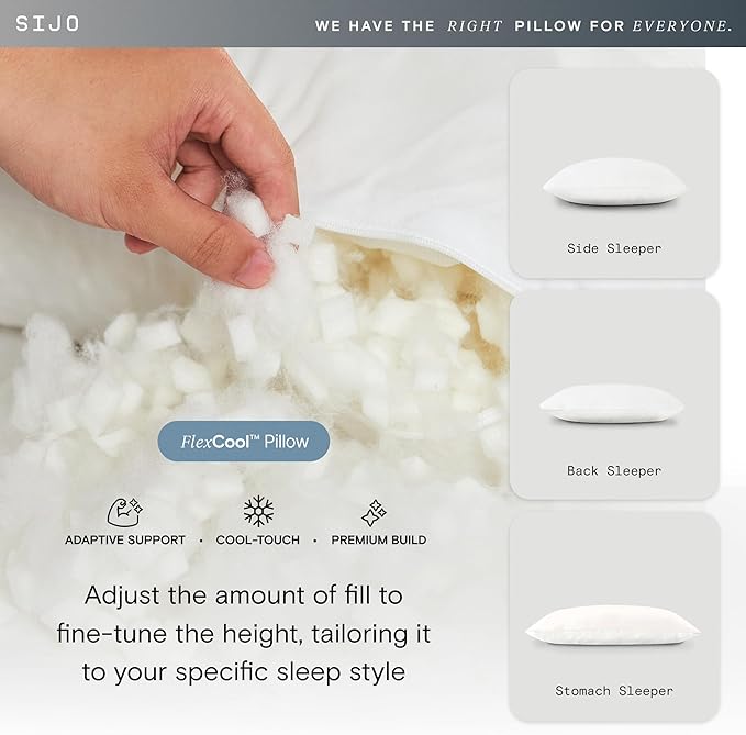 Sijo FlexCool Shredded Memory Foam Pillow - Adjustable Bed Pillow Last Cooling Surface - Good Housekeeping 2025 Bedding Award Winner - CertiPUR-US - Medium Firm for Back, Side, Stomach Sleepers (King)