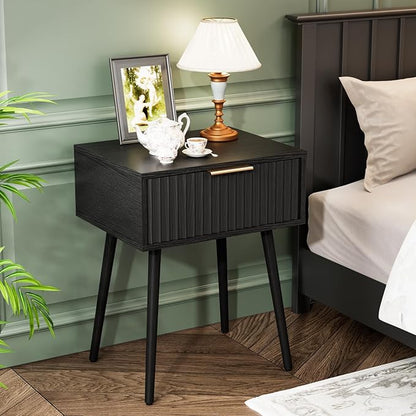 VINGLI Nightstands Set of 2, Fluted Night Stand with Drawer, Bedside Table, Wood Nightstand for Bedroom, Mid Century Modern End Tables, Black, 18.9" W*14.96" D*24" H