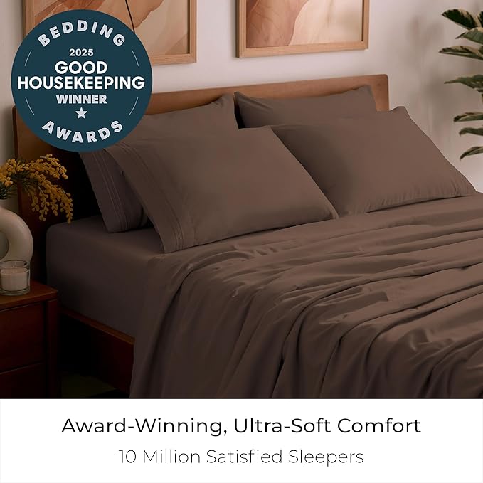 Mellanni Split King Sheet Set - 7-Piece Iconic Collection Bedding, (Including 4 Pillowcases), 16-Inch Deep Pocket, Easy Care, Extra Soft, Cooling Sheets, Brushed Microfiber - Brown