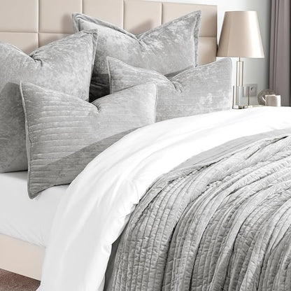 EVERGRACE Velvet Quilt Set Queen Size, Luxurious Soft Striped Channel Bedding Set, Lightweight Velvet Comforter for All Season, Oversized Bedspread Coverlet with 2 Matching Shams, Frost Gray