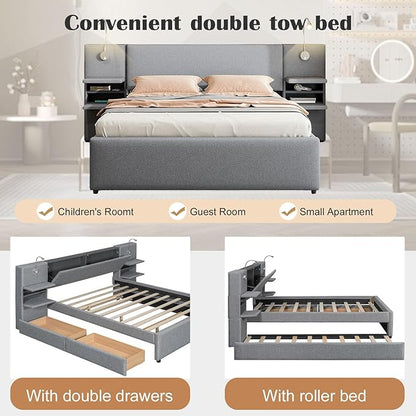 Luxury Queen Bed Frame,Queen Size Trundle Bed Frame with 2 Storage Drawers,Reading Lights, Storage Headboard,Storages Rack,Queen Size Linen Upholstered Platform Bed for Bedroom (Gray, Queen)