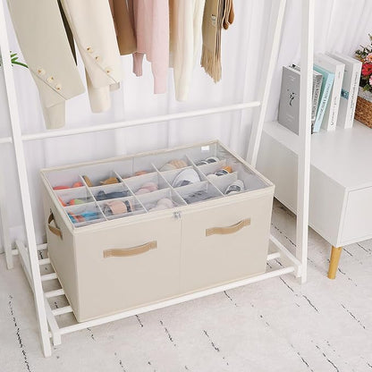 Shoe Organizer for Closet, Foldable Shoe Box with Adjustable Dividers and Clear Cover, Space Saving Shoe Storage Organizer Cabinet with Reinforced Handles, Fits 20 Pairs, Beige TP10Y