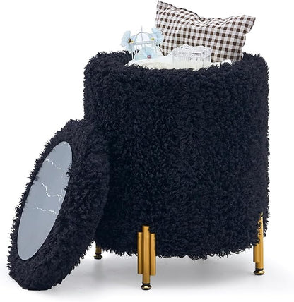 Mxfurhawa Round Ottoman Foot Stool with Storage and Metal Legs for Living Room Bedroom, Velvet Upholstered Footrest Stool Support 300lbs Modern Padded Seat Ottoman Coffee Table (Black-Long Wool)