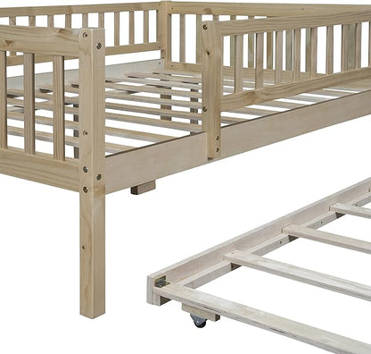 Bellemave Full Size Bed Frames with Rails for Kids, Full daybed Frame with Trundle for Boys/Girls/Adults， Natural