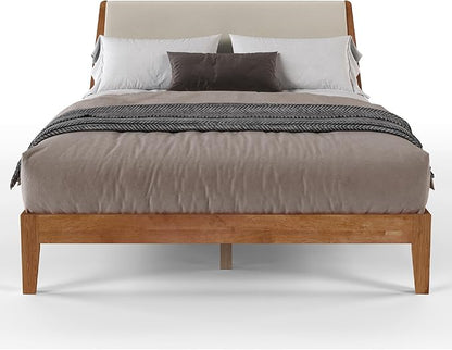 DG Casa Vandermark Solid Wood Easy Install Queen Bed Frame with Unique Headboard and Wooden Slat Support Included No Box Spring Required - Beige Walnut