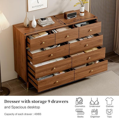 Modern Chest of Drawers with 9 Drawers,Deep Drawers,Clothes Organizer,Large Storage Cabinet for Living Room, Bedroom,Hallway,with Anti-Tipping Device,Brown