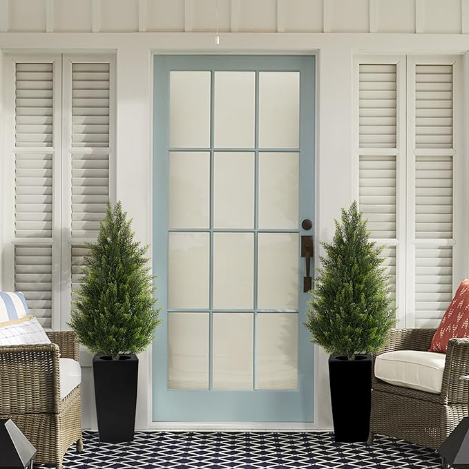 4FT Tall 2 Set Artificial Topiary Cedar Tree, Indoor Realistic Faux Cypress Plants with Square Flowerpot, Outdoor Evergreen Fake Shrubs for Home Living Room Front Porch Decor