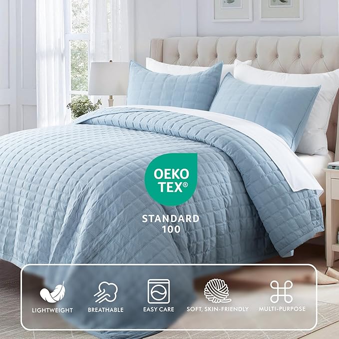 KASENTEX Quilt Bedding-Coverlet-Blanket-Set, Machine Washable, Ultra Soft, Lightweight, Stone-Washed, Detailed Stitching-Solid Color, King + 2 Shams, Grey Blue