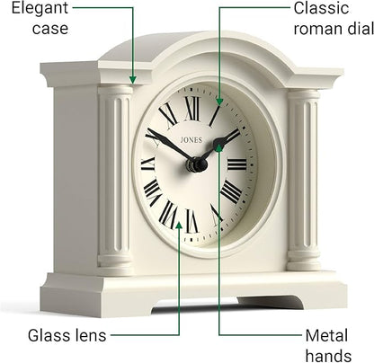 JONES CLOCKS® Kensington Mantel Clock | Classic Arch top Clock | Pale Cream | Stylish & Contemporary | Ideal for Desk, Mantelpiece, Bookshelf or Bedside