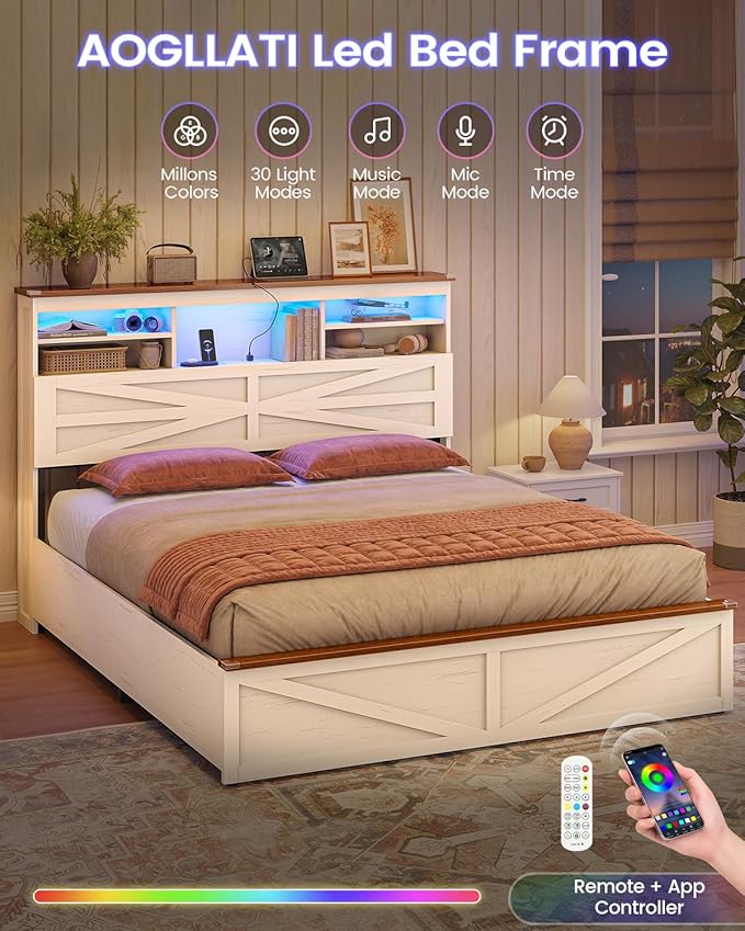 AOGLLATI Farmhouse Full Size Bed Frame with Lift Up Storage & Hidden Bookcase Storage Headbord, Wood Bed Frame Full with Charging Station, Led Lights, No Box Spring Needed, Antique White