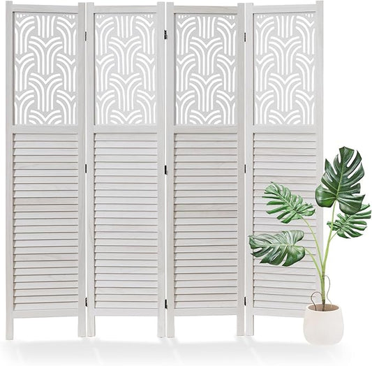 Svimi Folding Room Divider, 66.9 Inch 4 Panels Wood Carved Privacy Screens, Free Assembled Freestanding Portable Separation Wall for Home Office Restaurant Bedroom (White)