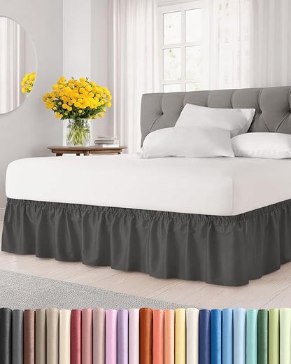 Wrap Around Dust Ruffle Bed Skirt - Charcoal - for King Size Beds w/ 12 Inch Drop - Easy Fit Elastic Strap - Adjustable Pleated Bedskirt w/Brushed Fabric - Wrinkle Free - for Women, Men, Kids & Teens