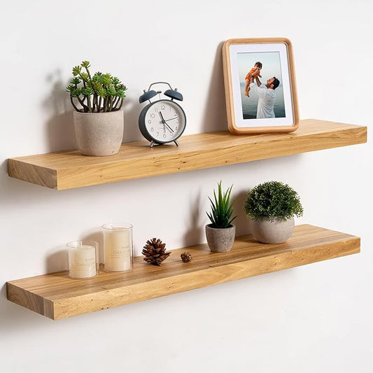 fuqing Floating Shelves for Wall, 30 inch Rustic Solid Elm Wood Floating Shelves, Wooden Wall Shelves with Invisible Heavy Duty Brackets for Living Room, Bedroom, Kitchen, Bathroom, 2 Pack, Natural