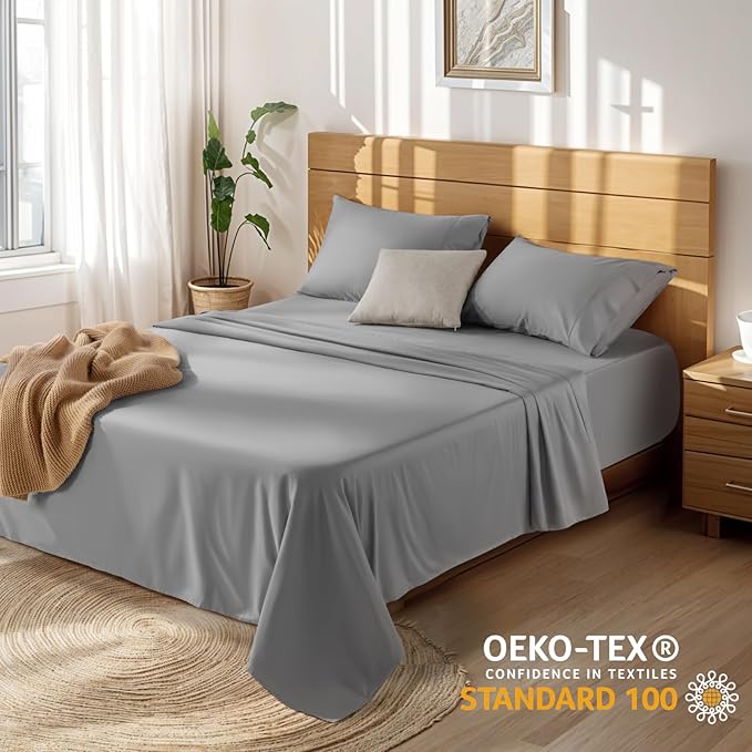 LBRO2M 100% Cotton Sheets Set Deep Pocket 19", 1000 Thread Count Queen Size 4 Piece Bed Sheet Sets Soft Comfortable Bedding All Season (Queen, Gray)