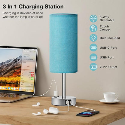 Fenmzee Turquoise Nightstand Table Lamp for Bedroom - 3 Way Dimmable Touch Lamp USB A and C Charging Ports and AC Outlet, Small Lamp for Office Desk with Metal Base, LED Bulb Included