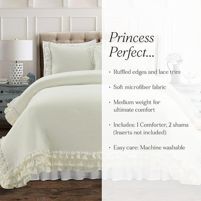 Lush Decor Ella Parisian Vintage Chic Ruffle Lace 3 Piece Comforter Set, Full/Queen, Ivory