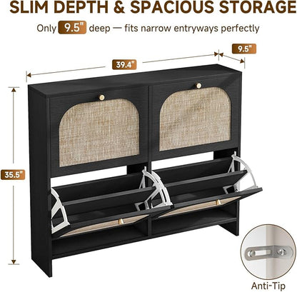 Nicetree Freestanding Arched Rattan Accent Ultra Slim Shoe Cabinet for Entryway - 4 Flip Drawers & 3-Tier Adjustable Shelves, Farmhouse Modern Rustic Shoe Rack for Hallway, Foyer, Living Room