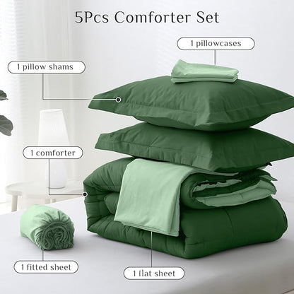 JOLLYVOGUE Twin Comforter Set, Ultra-Soft Bed in a Bag Twin Size 5 Pieces, Oeko-TEX Certified Bedding Set with Down Alternative Comforter, Sheets, Pillowcases & Shams, Dark Green & Light Green