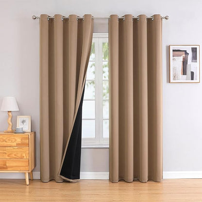 ChrisDowa 100% Blackout Curtains 108 inch Long for Bedroom with Black Liner, 2 Thick Layers Total Blackout Thermal Insulated Grommet Window Curtains 2 Panels Set (Cappuccino, 52 x 108 Inch)