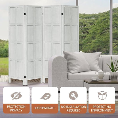 Leesinwing Wood Room Divider 4 Panel Folding Privacy Screen, Classic 5.6Ft Indoor Wooden Partition, Portable Partition Wall Divider for Room Separation, Home, Office, Bedroom, Restaurant (White)