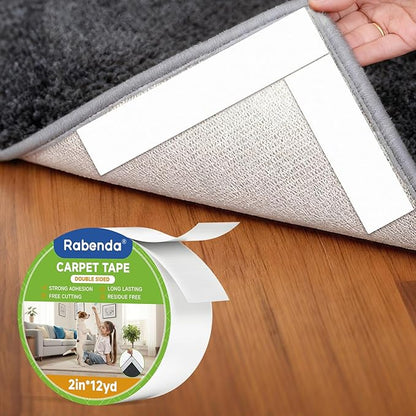 Rabenda Double Sided Carpet Tape - 2 Inch x 12 Yards Removable Rug Tape for Hardwood Floors, Tile & Laminate - No Residue Strong Hold Anti Slip Gripper for Area Rugs, Mats & Carpets
