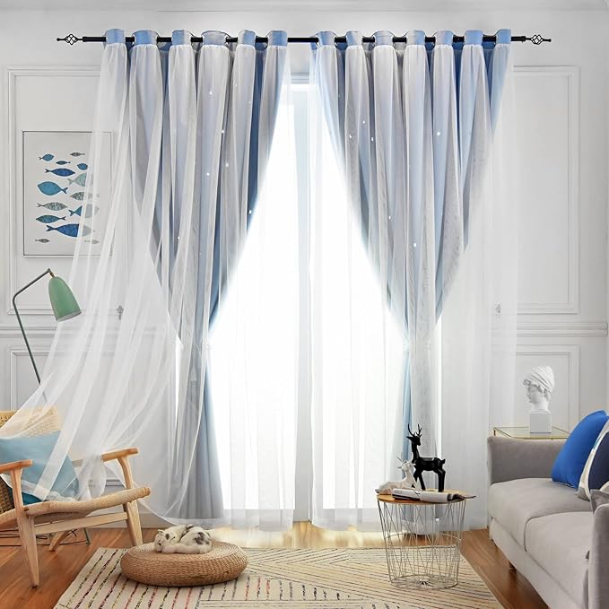 Star Double Layer Blackout Curtains for Bedroom, Kids - Cute, 96 Inches Long, 2 Panels Set, Blue, 42 X 96 Inches