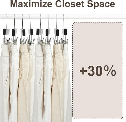 BAGAIL 10 Pack Wooden Pants Hangers with Adjustable Clips, 360°Swivel Hook Space Saving Skirt Holders with Anti-Rust Clips for Trousers, Jeans, Shorts (Black)