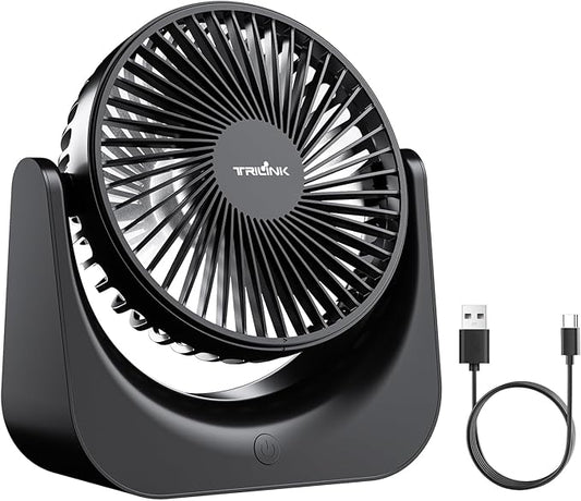 TRILINK Small USB Desk Fan – 5-Speed Mini Table Fan with Adjustable Tilt, Ultra Quiet, USB Powered, Portable Cooling Fan for Home, Desktop, Bedroom, Bed, Office, Travel, and Camping (Black)