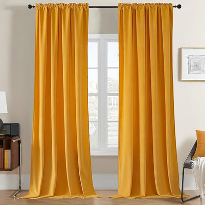 Joydeco Yellow Velvet Curtains 63 inch Length 2 Panels, Luxury Blackout Rod Pocket Thermal Insulated Window Curtains, Super Soft Room Darkening Drapes for Living Dining Room Bedroom,W52 x L63 inches