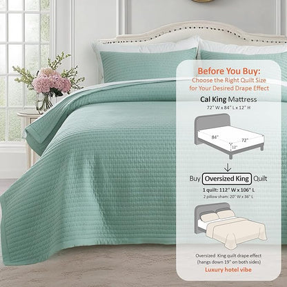 Oversized King Quilt Set 112"x106" – Soft Washed 3-Layer Lightweight California King Bedspread, Minimalist Nordic Design, All-Season Spring & Summer Quilt Set (1 Quilt + 2 Pillow Shams), Green