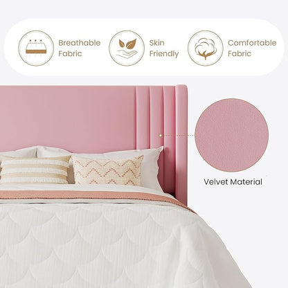 SHA CERLIN Queen Size Velvet Upholstered Platform Bed Frame with Vertical Channel Tufted Wingback Headboard, Wooden Slats Support, Easy Assembly, Under Bed Storage, No Box Spring Required, Pink