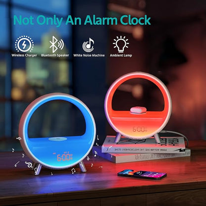 MOMILLA Sunrise Alarm Clock with Wireless Charging Station, Bluetooth Speaker, White Noise Sound Machine, Night Lights Table Lamp, Alarm Clocks for Heavy Sleepers Bedrooms Kids/Baby/Adults