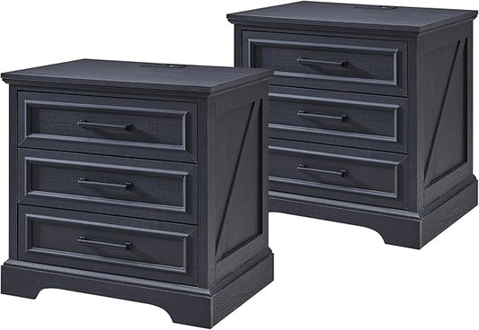 ACCOHOHO Farmhouse Nightstands Set of 2, 22 Inch Wide End Table with Charging Station & 3 Large Drawers, Rustic Wood Small Dresser Chest of Drawers for Bedroom, Living Room, Black