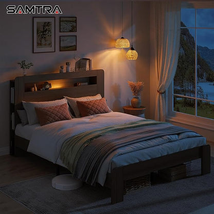 Wooden Bed Frame Queen Size with Storage Headboard - Farmhouse Platform Bed Frame with Bookcase Shelf & Led Lights, Sturdy Wood Slat Framework Bed Frame (Light Brown LED)