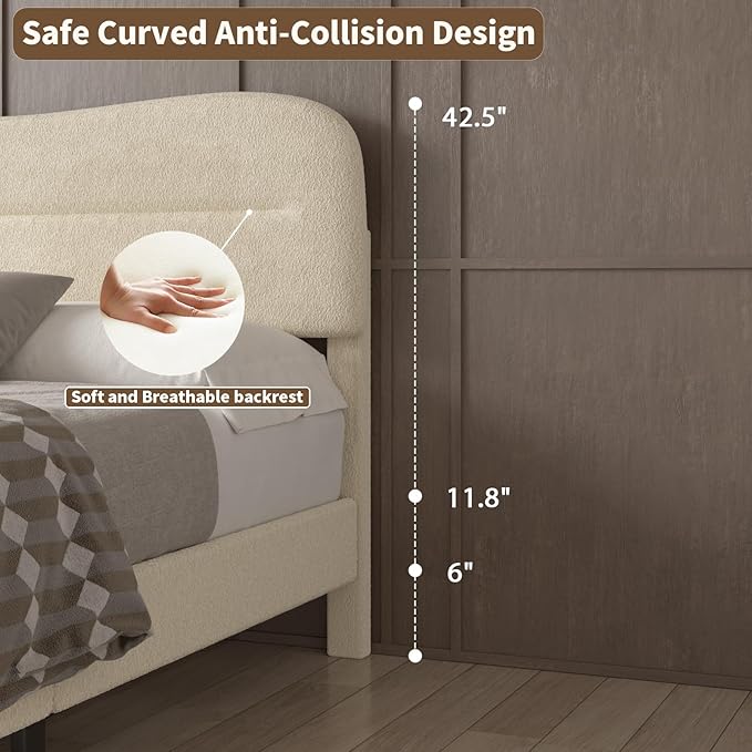 Queen Size Bed Frame with Headboard, upholstered Bed Frame Queen Size, Teddy Soft Boucle Fabric, Soft Cloud Marshmallow Shape Upholstered Headboard, No Box Spring Needed, Noise Free (Beige)