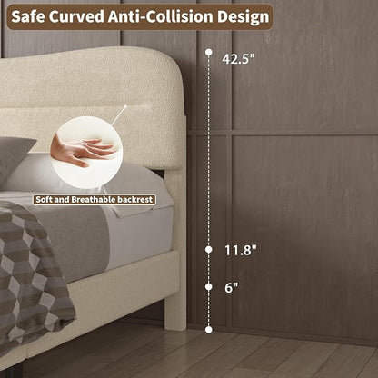 Queen Size Bed Frame with Headboard, upholstered Bed Frame Queen Size, Teddy Soft Boucle Fabric, Soft Cloud Marshmallow Shape Upholstered Headboard, No Box Spring Needed, Noise Free (Beige)
