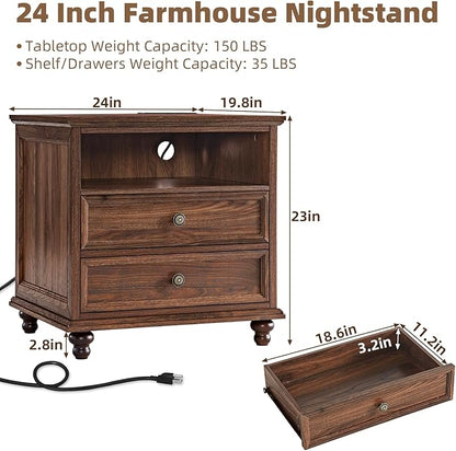 24" Wide Farmhouse Nightstand with Charging Station, End Table with 2 Drawers, Brown Wood Dresser for Bedroom Cabinet, Bed Side Table Chest of Drawers, Night Stand for Living Room, Closet