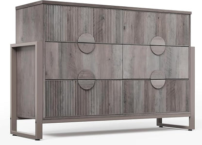 LGHM Fluted Dresser for Bedroom with 6 Drawers, Modern 6 Drawers Dressers with Semicylinder Fluted, Solid Chest of Drawers, 50" W Dresser with Bold Steel Frame, Metal Handles, Gray