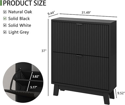 Shoe Cabinet with 2 Flip Drawers, 37" Tall Narrow Fluted Shoe Storage Organizer for Entryway, Hidden Slim Wooden Shoe Rack Cabinet for Front Door Entrance, Hallway, Living Room, Solid Black