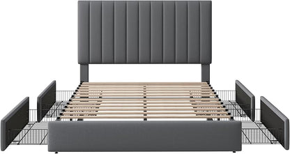 Allewie Full Size Storage Bed Frame, Vertical Channel Tufted Adjustable Headboard, Velvet Upholstered Platform Bed with 4 Oversized Underbed Drawers, Wooden Slats Support, No Box Spring Needed, Grey