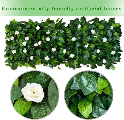 BYBAG Expandable Faux Ivy Fence Privacy Screen for Patio Outdoor Balcony Bedroom Decor,Artificial Leaf Wall Decoration Fencing Panel(Single Sided Leaves) (1, whiteflower)