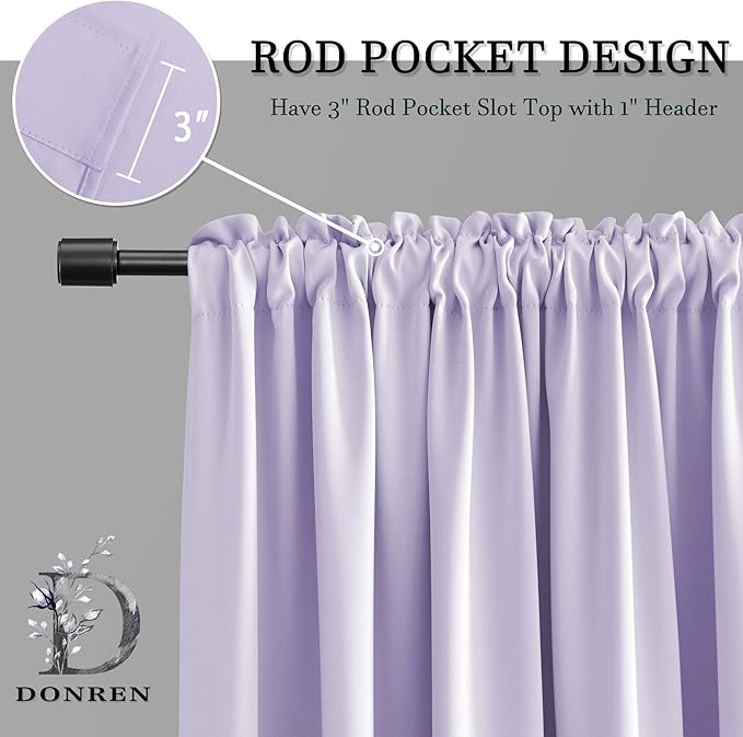 DONREN Lavender Purple Blackout Curtains for Bedroom - Thermal Insulated Rod Pocket Curtains for Living Room (52 x 72 Inch Length,1 Pair)