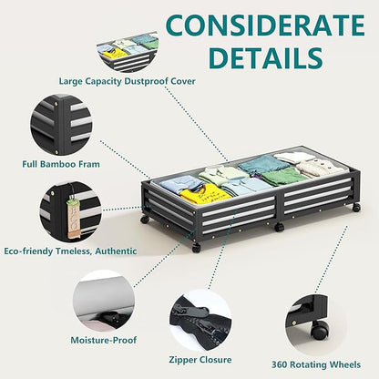 Wisuce Bamboo Under Bed Storage Containers- Underbed Organizer with Wheels with Large Dust Bag,Sturdy Wood Rolling Under the Bed Shoe Storage Organizer Drawer 2 Packs (Black, Long)