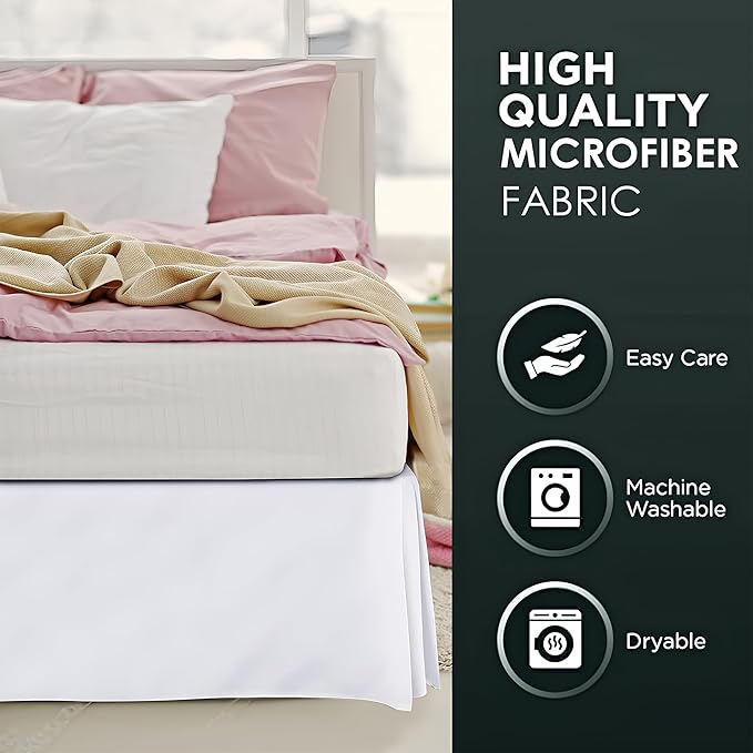 Pleated Bed Skirt King Size, 18" Drop with Platform Design for Secure Fit, Split Corners, Wrinkle-Resistant Microfiber for Modern Stylish Look, Tailored Bedding for Hotel Luxury - White
