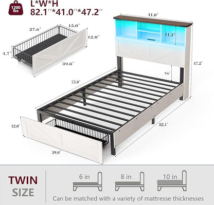 Twin Bed Frame with Bookshelf, Bookcase High Headboard with Charging Station and LED Light, Farmhouse Bed with Storage Drawers, No Box Spring Needed, Noise Free, Easy Assembly, Antique White