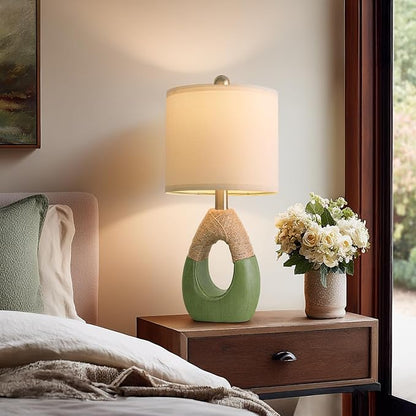 OYEARS 19" Table Lamps Set of 2, Bedside Lamps for Living Room, Lamps for Bedroom, Farmhouse Rattan Table Lamp, Small Space Nightstand Lighting, Rustic Home Office Decor (Green, Bulb Not Included)