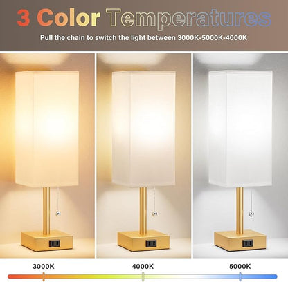 Gold Bedside Table Lamps for Bedroom - Small Nightstand Lamp Set of 2 with AC Outlet Charging Port, 3 Color Temperatures Rectangular Desk Light, Tabletop Reading Lamp for Living Room/Dorm/Office